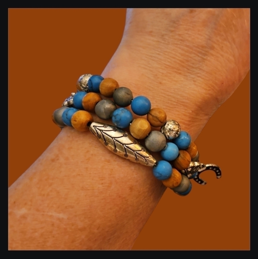 HANDMADE! Western Howlite Druzy Olive Wood Beaded Cowgirl Wrap Bracelet